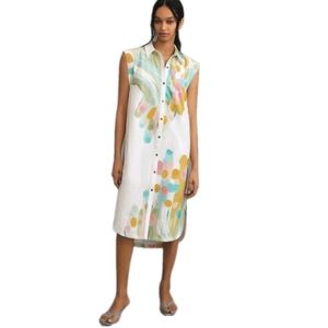 Anthropologie Maeve Lillian Button Front Abstract Cotton Cap Sleeve Mididress: S